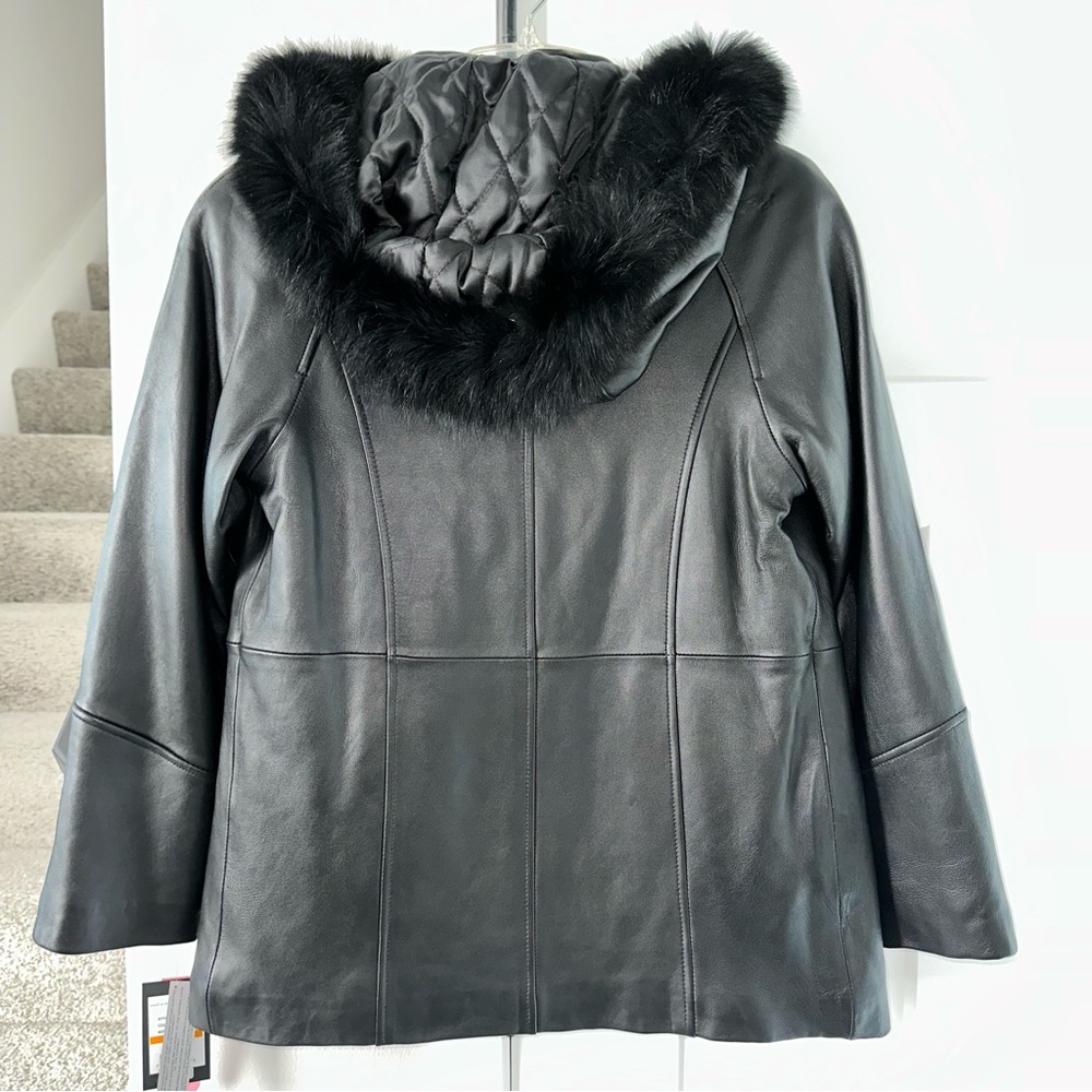 NWT Black Genuine Lambskin Leather Women's Jacket Coat with Faux Fur Trim. PS - Picture 2 of 8